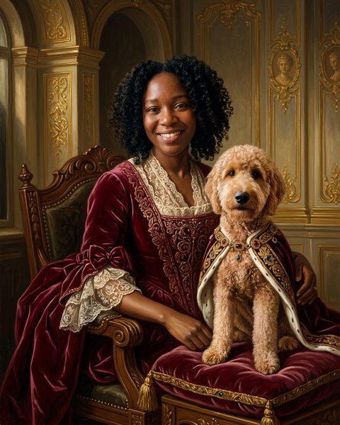 A woman in a red velvet gown seated beside her doodle in a royal cape, a portrait made by Stay