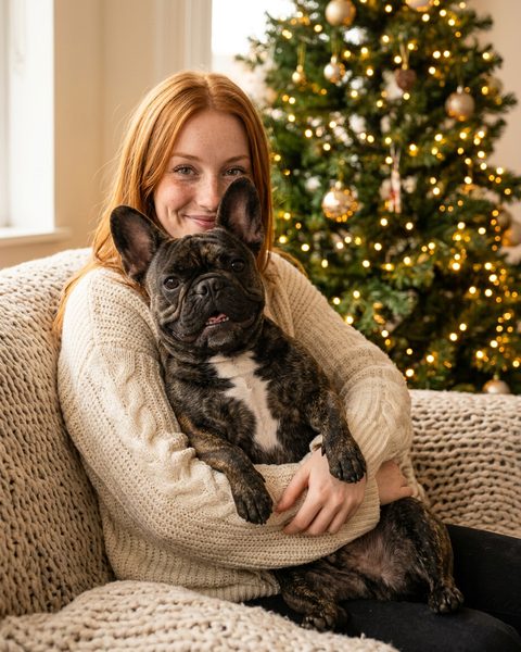 A woman in a cream sweater holding her French bulldog in front of a Christmas tree, a portrait made by Stay