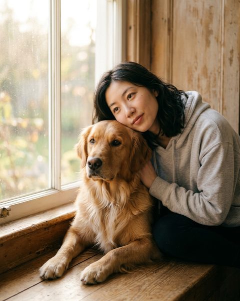 A woman resting her head against her golden retriever on a sunny window seat, a portrait made by Stay