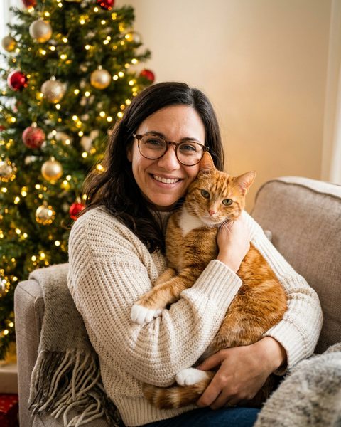 A woman holding her orange tabby cat in front of a Christmas tree, a portrait made by Stay