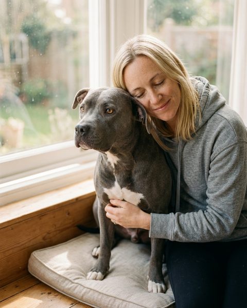 A woman hugging her grey pit bull by a window, a portrait made by Stay