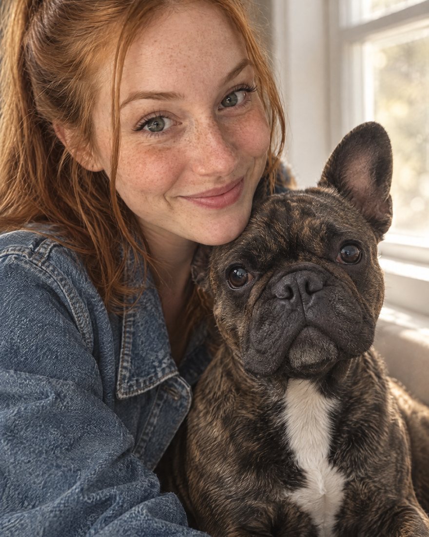 A woman cheek to cheek with her brindle French bulldog, the finished portrait