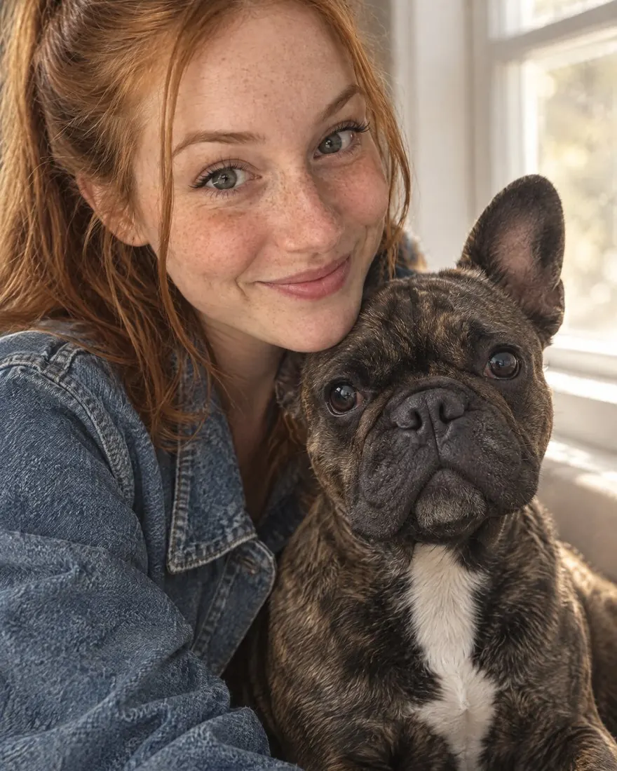 A woman cheek to cheek with her brindle French bulldog, the finished portrait